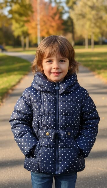 детская куртка на девочку: Детская куртка синего цвета в белый горошек. Модель имеет — 1