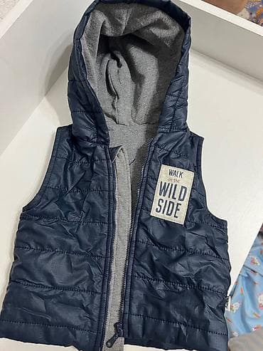 детские пуховики: Детский утеплённый жилет с капюшоном. - Цвет: тёмно‑синий с серой — 1