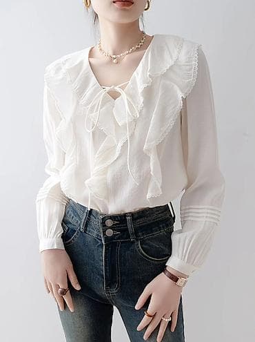 Жеке буюмдар: Белая женская блузка с романтичными воланами - Цвет: молочно‑белый - — 2
