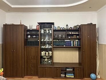 Стенка модульная из ЛДСП под орех/тёмную вишню. Состав и функционал