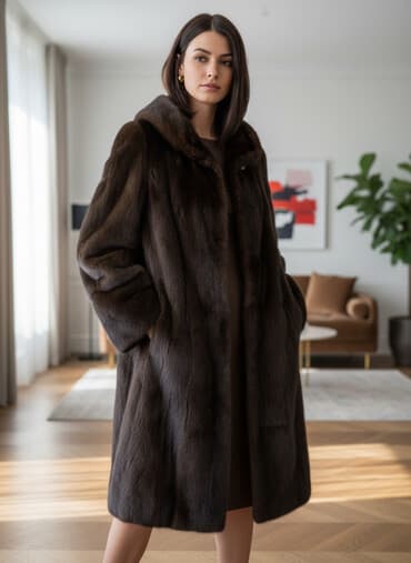 Шуба, Норка, По колено, Китай, С капюшоном, S