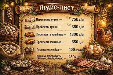 Прайс-лист фермерской продукции: - Перепелята тушки — 750 с/кг -