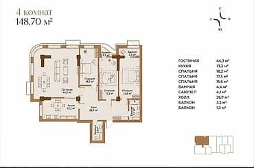 2 комнаты, 149 м², Мед Академия Элитка, 13 этаж, ПСО (под самоотделку) — 3