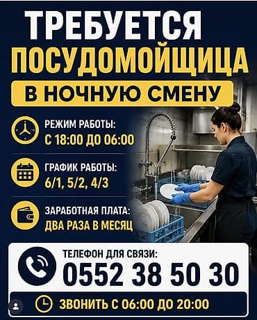 Работа: Требуются посуда мойщицы в ночную смену. С 18:00 до 06:00. График — 1