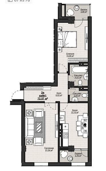 2 8: 2 комнаты, 71 м², Элитка, 14 этаж, Готовая ПСО (под самоотделку) — 2