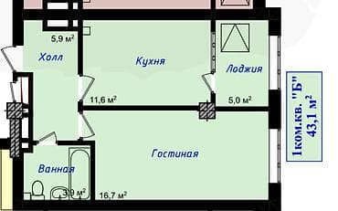 однокомнатная квартира псо: Строится, Элитка, 1 комната, 43 м² — 4
