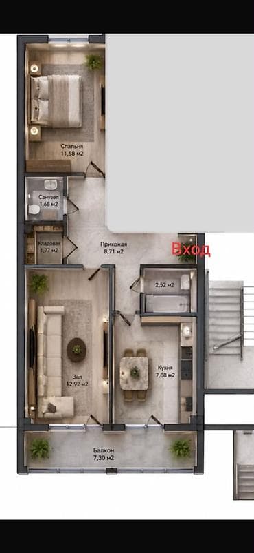980: 2 комнаты, 54 м², Кок-Жар мкр Элитка, 9 этаж, ПСО (под самоотделку) — 1