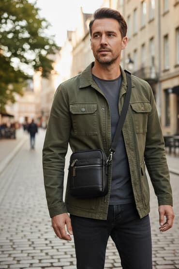 Мужская барсетка через плечо - Материал: натуральная кожа черного