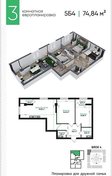 3 комнаты, 74 м², Элитка, 8 этаж, Готовая ПСО (под самоотделку)