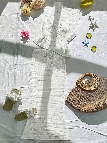 поло рубашки: Вязаный летний комплект: топ + юбка миди - Материал: мягкая ажурная — 6