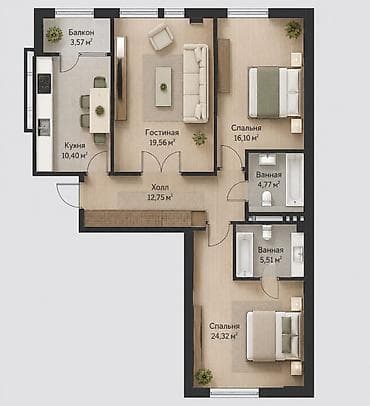 3 комнаты, 97 м², АУЦА Элитка, 2 этаж, ПСО (под самоотделку) — 1