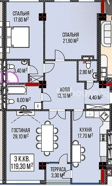 3 комнаты, 119 м², АУЦА Элитка, 3 этаж, ПСО (под самоотделку) — 2