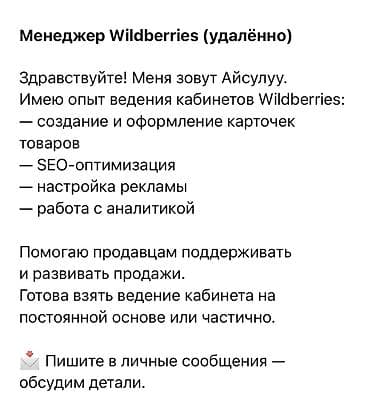 сдаю кафе в бишкеке: Менеджер Wildberries (удалённо) Предлагаю профессиональное ведение — 1