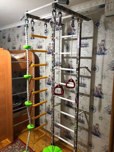турник для детей дома: Шведские стенки с комплектующими:канат с упорами,кольца,веревочная — 1