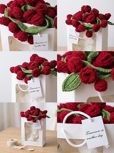 красная гвоздика о.ц: Вязаный букет из красных роз в подарочном пакете. - Ручная вязка — 1