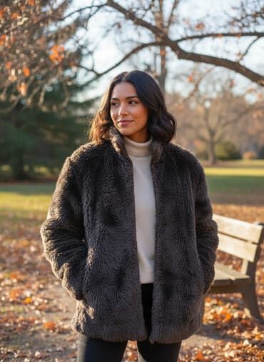 воротник мех: Полушубок коричневый (искусственный мех). На молнии. Унисекс. Размер — 2