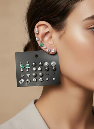 украшение шампанского для свадьбы: Набор серёжек‑гвоздиков на подложке (12 пар). Новые. В комплект — 1