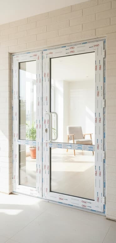 Двустворчатая ПВХ дверь с широким стеклопакетом обеспечивает отличное