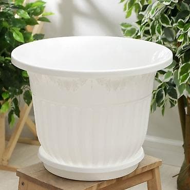 Бөлмө өсүмдүктөрү: Большой пластиковый белый цветочный горшок с поддоном объём 25л . - — 1