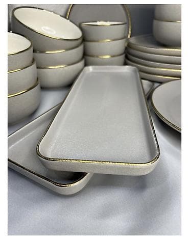 Идиш-аяк: Набор столовой и чайной посуды из керамики с матовой серо‑бежевой — 1