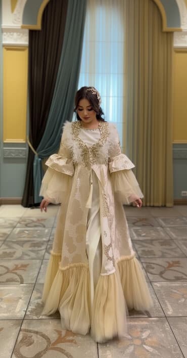 где можно купить платье как у хюррем: Вечернее платье, Длинная модель, Парча, С рукавами, Камни, Перья, Стразы, S — 1