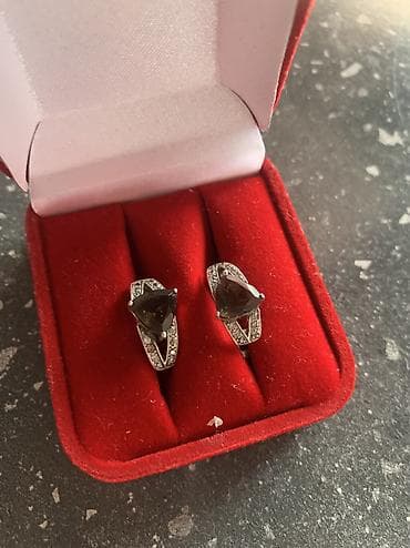 Серьги: Небольшие серьги, серебро с дымчатым топазом и фианитами, 925 проба — 1