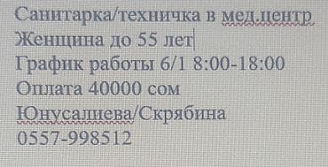 Требуется Уборщик, Медицинский центр, График: Шестидневка, Полный рабочий день