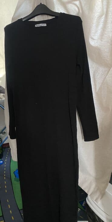 черное платье с кружевными рукавами: Повседневное платье, Длинная модель, Трикотаж, Прямое, L — 1