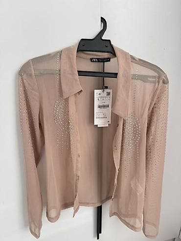 pull and beer: Прозрачная рубашка Zara из сетчатого шифона телесно-бежевого оттенка — 1
