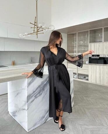 банный халаты: Ночная сорочка, Атлас, Длинная модель, S, M, L — 4