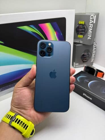 телефон буушний: IPhone 12 Pro Max, Б/у, 256 ГБ, Sierra Blue, Зарядное устройство, Защитное стекло, Чехол, В рассрочку, 100 % — 1