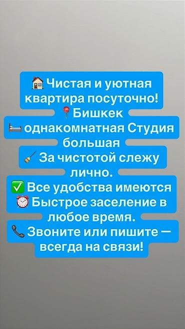 Посуточная аренда: большая однокомнатная студия в Бишкеке. - Чистая и