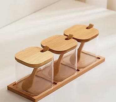 Экологически чистый набор баночек для специй из стекла и бамбука (3