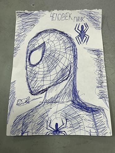 Ручной рисунок «Человек-паук» шариковой ручкой на листе А4