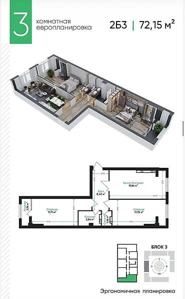 3 комнаты, 72 м², Элитка, 10 этаж, Готовая ПСО (под самоотделку)