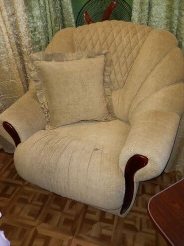 угловой диван с креслами: Гарнитур для зала, Б/у, Кресло, Диван, Ткань, текстиль, Самовывоз, цвет - Бежевый — 2