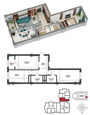 2 комнаты, 78 м², ул. Горького / Алматинка Элитка, 7 этаж, ПСО (под самоотделку) — 2
