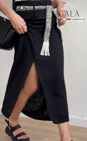 брюки с разрезом: Юбка, Модель юбки: Прямая, Миди, Высокая талия, С вырезом — 3