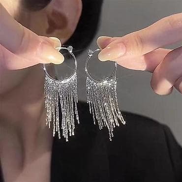 Серьги: Серьги-кольца с каскадом подвесных цепочек - Дизайн: круглые кольца с — 5