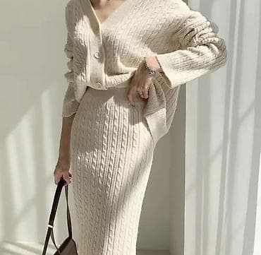 трикотажные тройки: Костюм с юбкой, Модель юбки: Прямая, Миди, Кофта, Стандарт — 2