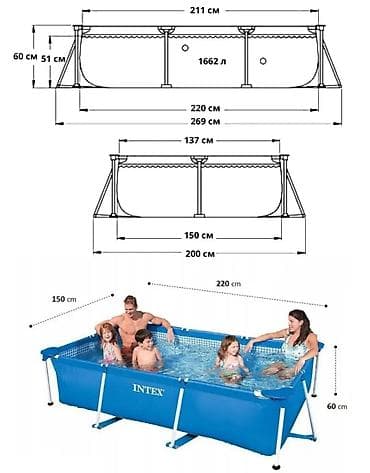Бассейны: Каркасный бассейн Intex 220х150х60 см Купить в Бишкеке — прямоугольный — 6
