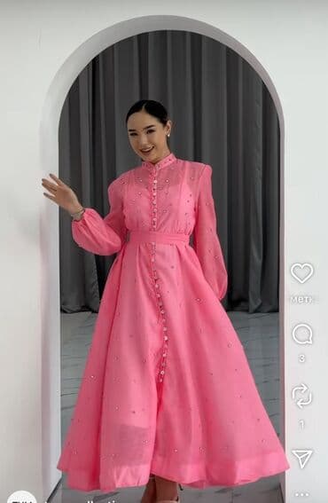 вечернее нежно розовое платье: Вечернее платье, Коктейльное, Длинная модель, С рукавами, Стразы, L — 1