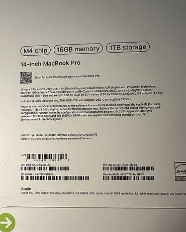 Apple (MacBook) ноутбуктары: Ультрабук, Жаңы, Apple M4 Pro, ОЗУ, RAM: 16 ГБ — 3