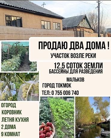 Продаются два жилых дома на участке 12,5 соток у реки, г. Токмок