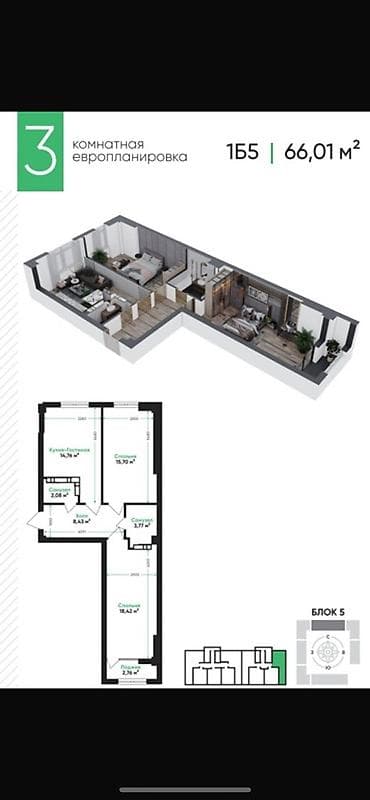 Квартиры: 2 комнаты, 66 м², Элитка, 7 этаж, ПСО (под самоотделку) — 2