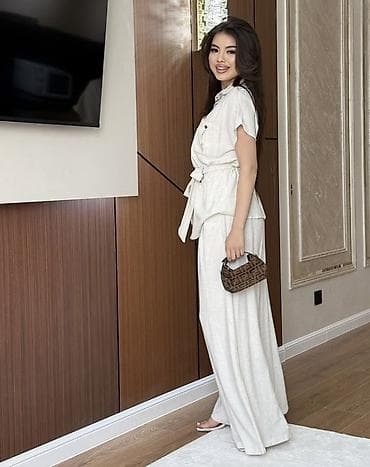 обмен одежды: Женская двойка лен в цвете Айвори: рубашка + брюки Размер стандарт — 2