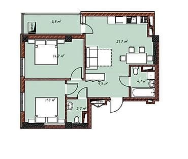 2 комнаты, 70 м², Джал мкр (в т.ч. Верхний, Нижний, Средний) Элитка, 12 этаж, ПСО (под самоотделку) — 2