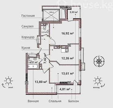 3 бөлмө, 75 м², Аламедин-1 мкр 2 кабат, ПСО (өз алдынча бүтүрүү)