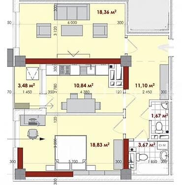 Квартиры: 2 комнаты, 68 м², 9 этаж, Готовая ПСО (под самоотделку) — 1