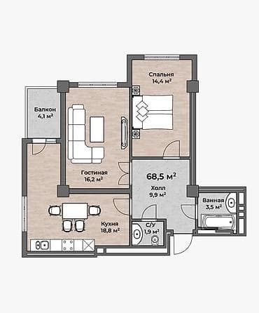 2 комнаты, 68 м², Элитка, 10 этаж, Готовая ПСО (под самоотделку)